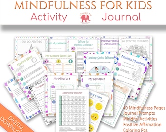 Kids Mindfulness Journal Pages, Mental Health Mindfulness Workbook & Coloring Pages, Self Esteem and Gratitude, Positive Thinking Printable