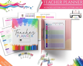 Teacher Planner Inserts, Teacher Classroom Big Happy Planner Pages, Subject Lesson Plans, Undated Year Month & Weekly Planner Printable