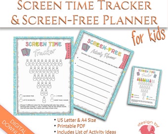 PRINTABLE Screen Time Tracker, Screen-Free Goal Planner Pages for Kids, Kids Activities Ideas, Monthly Planner Pages with Journal Prompts