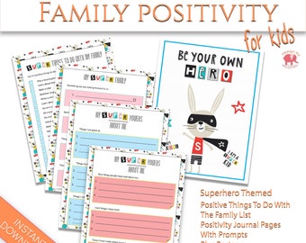Kids Mindfulness Printable, Positive Family Activity Ideas With Journal Pages, Self Love Worksheet,  Superhero Positive Affirmation Poster