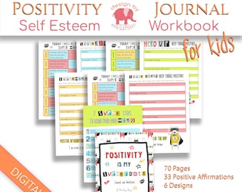 May include: A digital download for a positivity journal and workbook for kids. The cover features a superhero with a rainbow cape and the text "Positivity is my superpower". The journal includes 70 pages, 33 positive affirmations, and 6 designs.