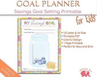 PRINTABLE Savings Planner Pages for Kids, Goal Planner Savings Jar, Goal Printable Monthly Planner, Goal Journal Pages, Gift for Kids