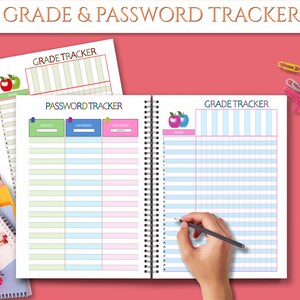 May include: A pink and green spiral bound notebook with two pages open. The left page has a green, blue, and pink grid with the title "PASSWORD TRACKER" and columns for "WEBSITE", "USERNAME", and "PASSWORD". The right page has a blue and white grid with the title "GRADE TRACKER" and a column for "NAME".