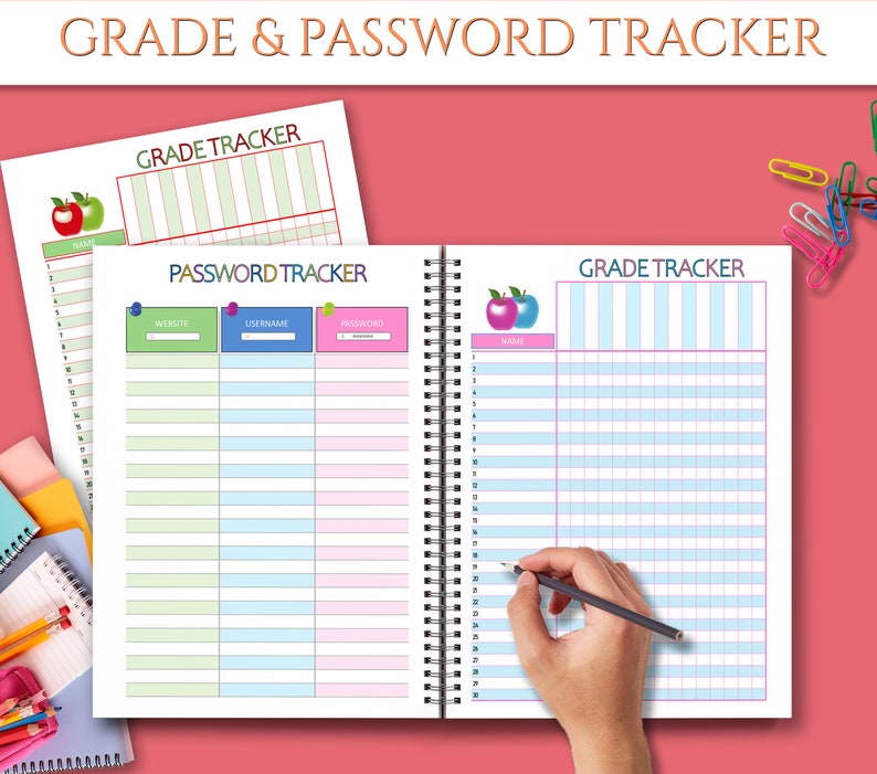 May include: A pink and green spiral bound notebook with two pages open. The left page has a green, blue, and pink grid with the title "PASSWORD TRACKER" and columns for "WEBSITE", "USERNAME", and "PASSWORD". The right page has a blue and white grid with the title "GRADE TRACKER" and a column for "NAME".