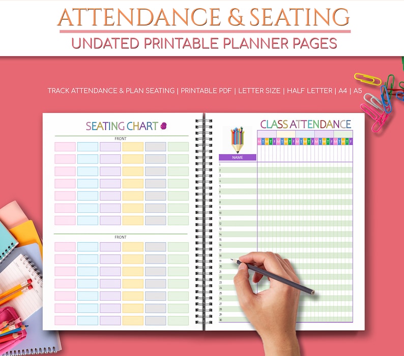 May include: Printable planner pages for tracking class attendance and seating charts. The pages feature a colorful design with a pencil icon and a seating chart with rows of squares for student names. The attendance chart has a grid for marking attendance.