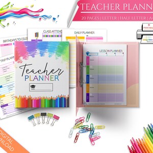May include: A colorful teacher planner with a rainbow design. The planner includes pages for lesson plans, daily schedules, class attendance, field trips, and birthdays. The planner is available in letter, half letter, A4, and A5 sizes.