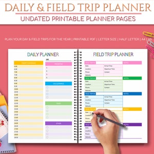 May include: A printable planner with a daily planner on the left page and a field trip planner on the right page. The daily planner has sections for today's schedule, priorities, calls/emails, tasks, and other. The field trip planner has sections for field trip 1, 2, 3, and 4. Each section has fields for date, location, phone, website, arrival time, departure time, and contact. The planner is undated and can be used for any year.