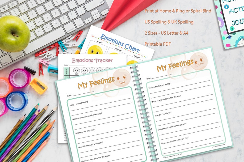 May include: A printable PDF workbook for children to track their emotions. The workbook includes a chart with different emotions, a tracker to record emotions, and a journal to write about feelings. The cover features a blue and green design with the title "My Feelings".