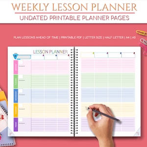 May include: A weekly lesson planner with colorful tabs for each day of the week. The planner has a pink, green, blue, and yellow color scheme. The planner is undated and has space for homework assignments.