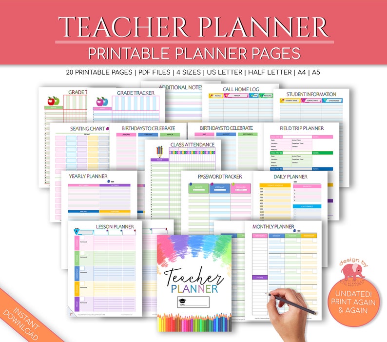 Teacher Planner Printable Academic Planner Inserts Teacher Etsy