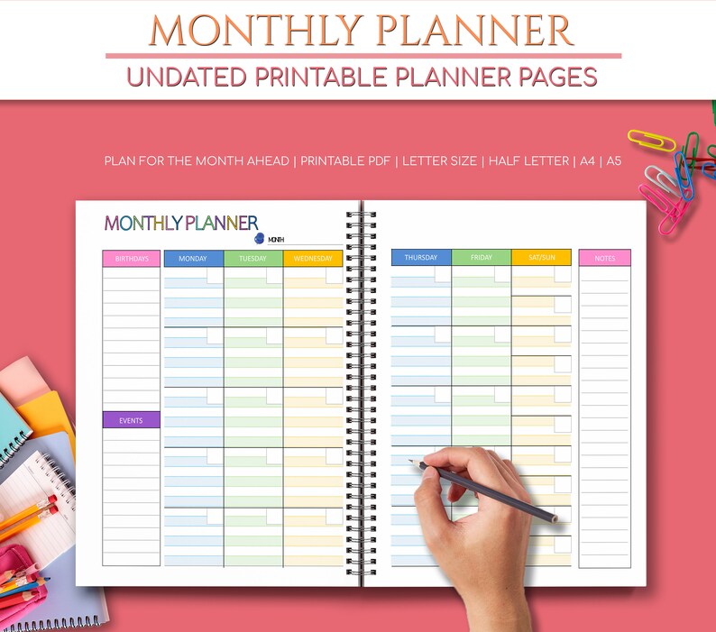 May include: A monthly planner with a colorful design. The planner has sections for birthdays, events, and each day of the week. The planner is undated and printable.