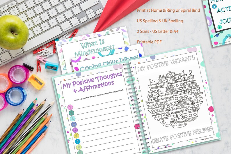 May include: A printable workbook with a turquoise cover and colorful polka dots. The workbook is titled "My Positive Thoughts & Affirmations". The inside pages feature a list of positive thoughts and affirmations to write in. The back cover features a black and white illustration of a ship made of smaller ships. The text "Create Positive Feelings" is printed below the illustration.