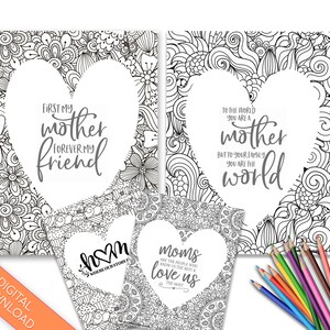May include: A collection of black and white printable Mother's Day cards with floral and heart designs. The cards feature phrases like "First my mother forever my friend" and "To the world you are a mother but to your family you are the world."