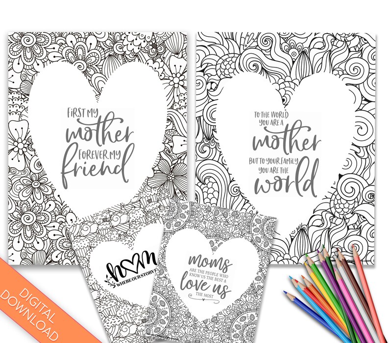 May include: A collection of black and white printable Mother's Day cards with floral and heart designs. The cards feature phrases like "First my mother forever my friend" and "To the world you are a mother but to your family you are the world."