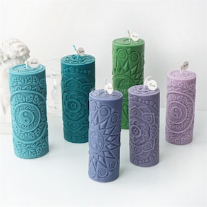 Molde de silicona para vela de pilar de sol y luna en relieve, molde de vela aromática, molde de vela de pilar con patrón de loto/Yin Yang, moldes de vela de cera de abeja cilíndrica