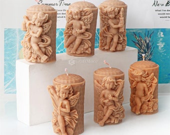 6 Styles Angel Candle Silicone mold-Embossed Angel Pillar Candle Mold-Scented Candle Mould-Epoxy Resin/Cement/Plaster Angle Ornament mold