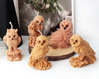May include: Five brown owl-shaped candles with detailed feather patterns. The candles are arranged on a wooden surface.