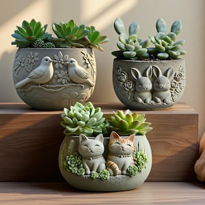 May include: Three round ceramic planters in light gray and sage green tones. One features two birds on a branch, another shows two rabbits with floral accents, and the third displays two cats surrounded by small succulents. Each holds green succulents.