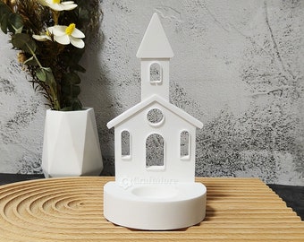 Silicone church house mold-Gable roof tower insert mold for tealight holder-Hollow house candle holder mold-House casting raysin molds