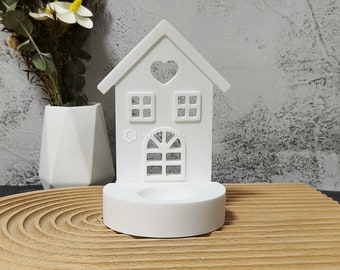 Hollow heart house silicone mold-Gable roof house insert mold for tealight holder-Plaster house candle holder mold-House casting raysin mold