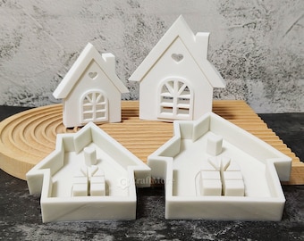 Stampo in silicone per casa camino di 2 dimensioni-Stampo per casa a cuore cavo-Stampo per casa con tetto a due falde in silicone-Stampo per intonaco cabina finestra-Stampo per candela casa villa