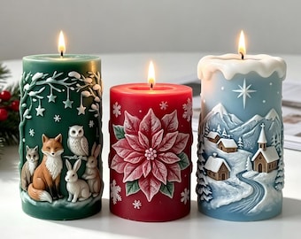 Winter Christmas Pillar Candle Silicone Mold-3D Relief Forest Fox Rabbit Owl, Mountain Village, Poinsettia Cylinder Mold for Handmade Candle