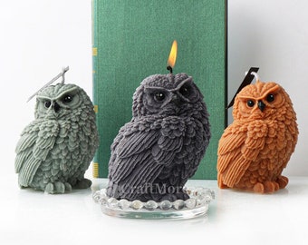 May include: Three owl-shaped candles, one gray, one brown, and one black, with a flame on the black candle. The candles are on a clear glass plate with small beads around the edge.