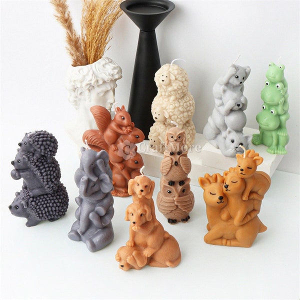 Cute Stacked Arhat Animal Candle Mold-Animal Family Members Silicone Mold-Squirrel Frog Hedgehog Elephant Sheep Owl Pillar Candle Mould