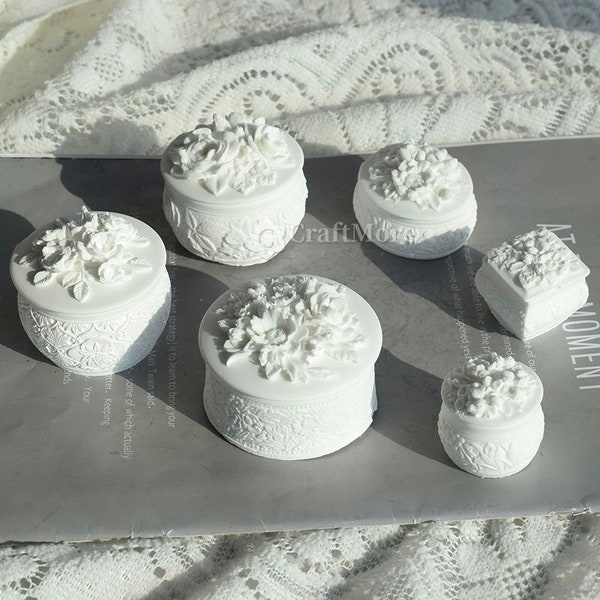Sculpté fleur silicone boîte de rangement moule-fleur motif boîte résine moule-ronde boîte à bijoux moule-silicone moule pour résine plâtre boîte fabrication