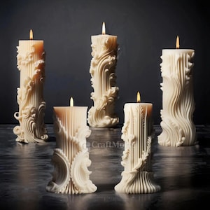 May include: Five decorative candles with intricate, sculpted designs. The candles are all white and have a slightly off-white colour. The candles are lit and have flames.