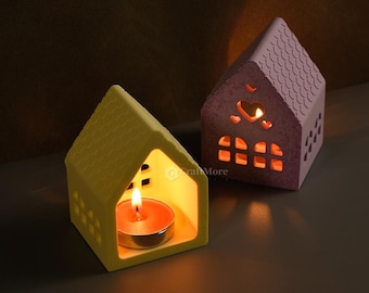 Cute house tealight holder silicone mold-light house concrete mold-hollow heart house candle holder mold-Christmas decoration ornaments mold