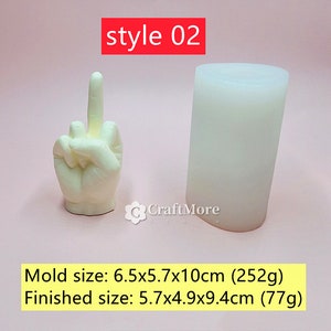 May include: White silicone mold for making a hand shaped like a middle finger. The mold is 6.5 inches by 5.7 inches by 10 inches and weighs 252 grams. The finished product will be 5.7 inches by 4.9 inches by 9.4 inches and weigh 77 grams.