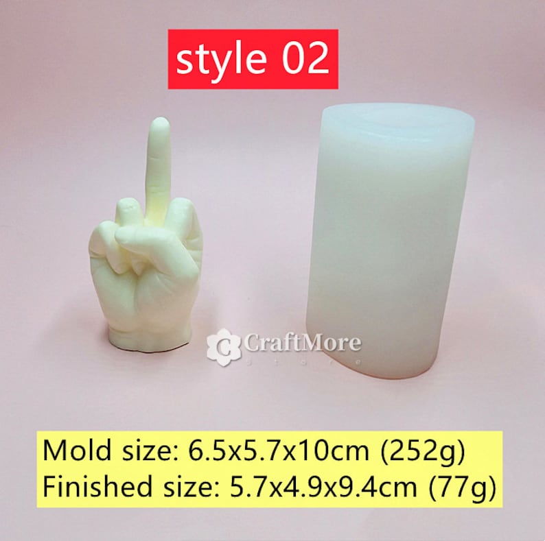 May include: White silicone mold for making a hand shaped like a middle finger. The mold is 6.5 inches by 5.7 inches by 10 inches and weighs 252 grams. The finished product will be 5.7 inches by 4.9 inches by 9.4 inches and weigh 77 grams.