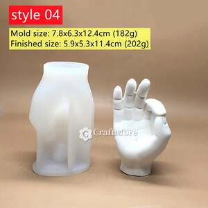 May include: White silicone mold of a hand making the OK sign. The mold is 7.8 inches by 6.3 inches by 12.4 inches. A finished plaster hand is shown next to the mold.