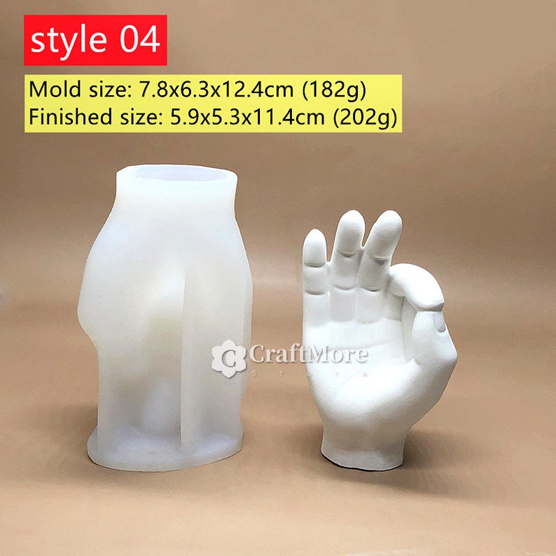 May include: White silicone mold of a hand making the OK sign. The mold is 7.8 inches by 6.3 inches by 12.4 inches. A finished plaster hand is shown next to the mold.