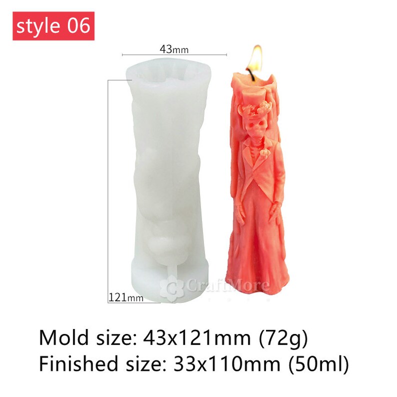 May include: A white silicone mold for making a candle shaped like a skeleton wearing a suit and top hat. The mold is 4.3 inches tall and 4.8 inches wide. The finished candle is 3.3 inches tall and 4.3 inches wide.
