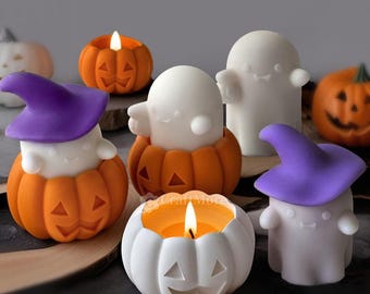 Siliconen mal Halloween-spook-leuke tovenaarshoed spookkaars mal-gips/beton 3D-spookornament schimmel-pompoen kaars vat schimmel-hars mal