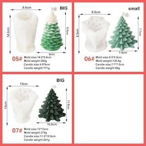 May include: Three different sizes of Christmas tree candle molds. The molds are white silicone and the candles are green with white tips. The molds are labeled with numbers and measurements in centimeters. The candles are labeled "BIG" and "small".