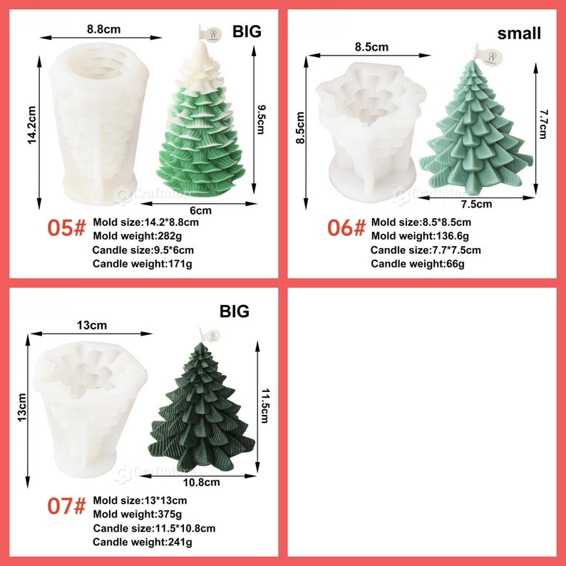 May include: Three different sizes of Christmas tree candle molds. The molds are white silicone and the candles are green with white tips. The molds are labeled with numbers and measurements in centimeters. The candles are labeled "BIG" and "small".