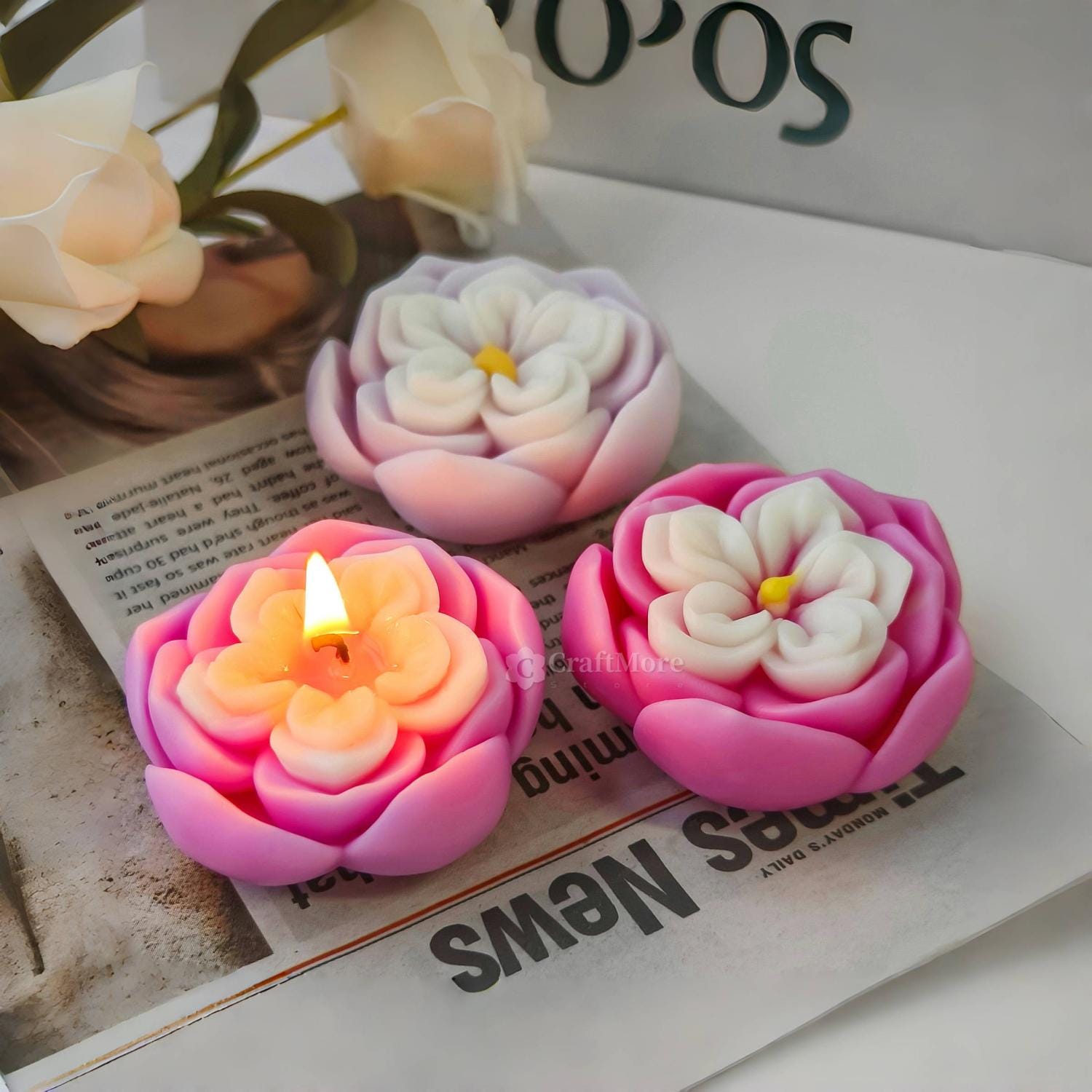 Moules Silicone 3D En Forme De Fleur (rose) - 3 Tailles - Pour Bougies, Savons, Chocolat, Résine DIY - Facile à Démouler