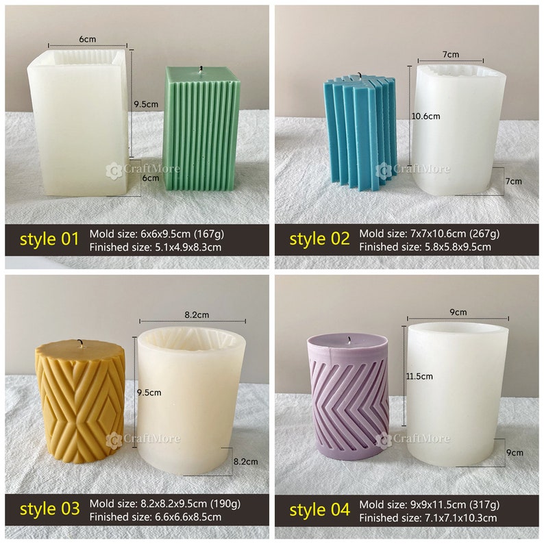 May include: Four different candle moulds for making pillar candles. The moulds are made of clear silicone and are shown with finished candles in various colours and patterns. The moulds are labelled with the style number and dimensions in centimetres. The finished candles are also labelled with their dimensions in centimetres.