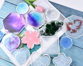 Sakura slicone coaster mold-Heart-shaped cup mat mold-Hexagon resin coaster mold-Square coaster silicon mold-Octagon concrete coaster mold