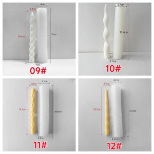 May include: Four images of candle molds and finished candles. Each image features a white mold and a coloured candle. The candles have different designs, including twisted, wavy, and textured patterns. The text "09#", "10#", "11#", and "12#" is visible.