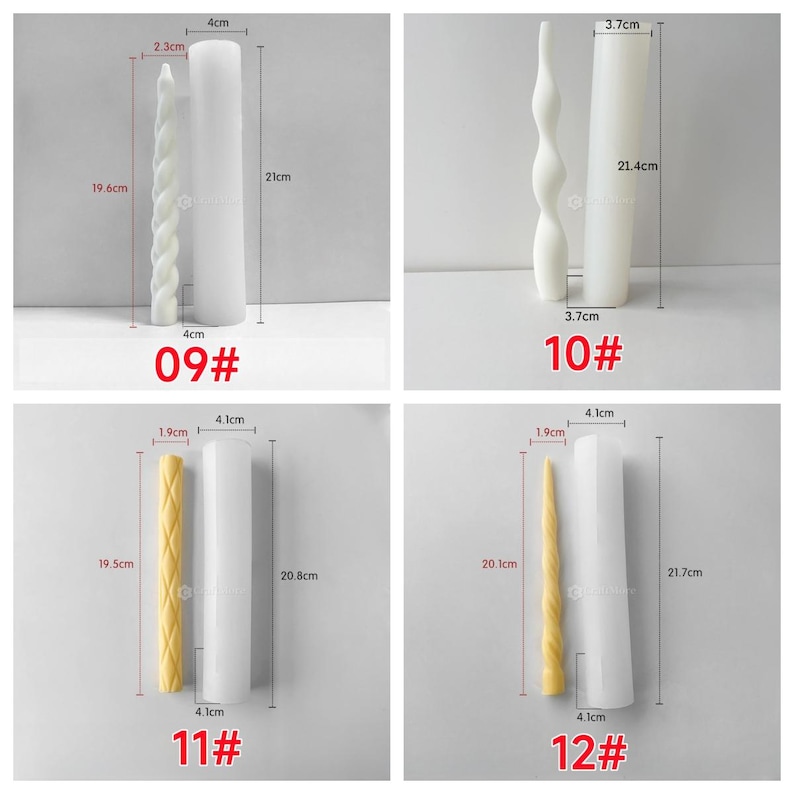 May include: Four images of candle molds and finished candles. Each image features a white mold and a coloured candle. The candles have different designs, including twisted, wavy, and textured patterns. The text "09#", "10#", "11#", and "12#" is visible.