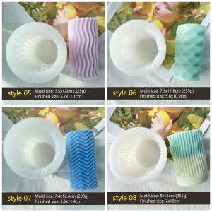 May include: Four silicone candle moulds for making pillar candles. The moulds are white and have different textured patterns. The finished candles are shown next to the moulds. The candles are in various colours, including purple, green, blue, and white. The text on the image reads "style 05", "style 06", "style 07", and "style 08".