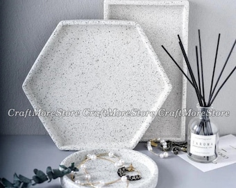Rectangle Hexagone Plateau rond Moule en silicone, Plateau de stockage géométrique Moules en résine, Moule de plateau à bijoux, plâtre Moule de pot de fleurs en béton