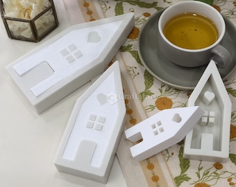 Stampo per casa in silicone di 3 dimensioni-Stampo per casa in gesso per tetto a due falde-Stampo per colata di casa con luce a cuore cavo-Stampi in resina per casa di campagna-Stampo per candela per casa