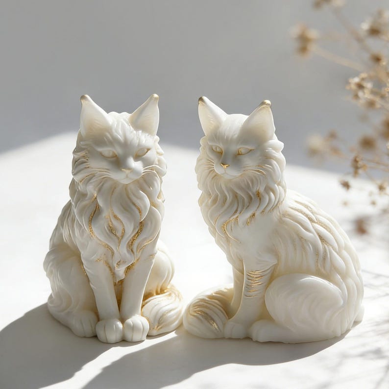 May include: Two white cat figurines with gold accents. The cats are in a seated position with detailed fur and closed eyes. The gold highlights the ears, chest, and tail. The figurines are on a white surface.