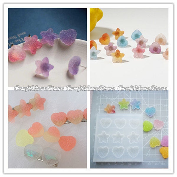 Kawaii Love Heart Shape earring stud resin molds-Star earring pendant silicone mold-Cute Frosted Heart and Star beads mold for resin