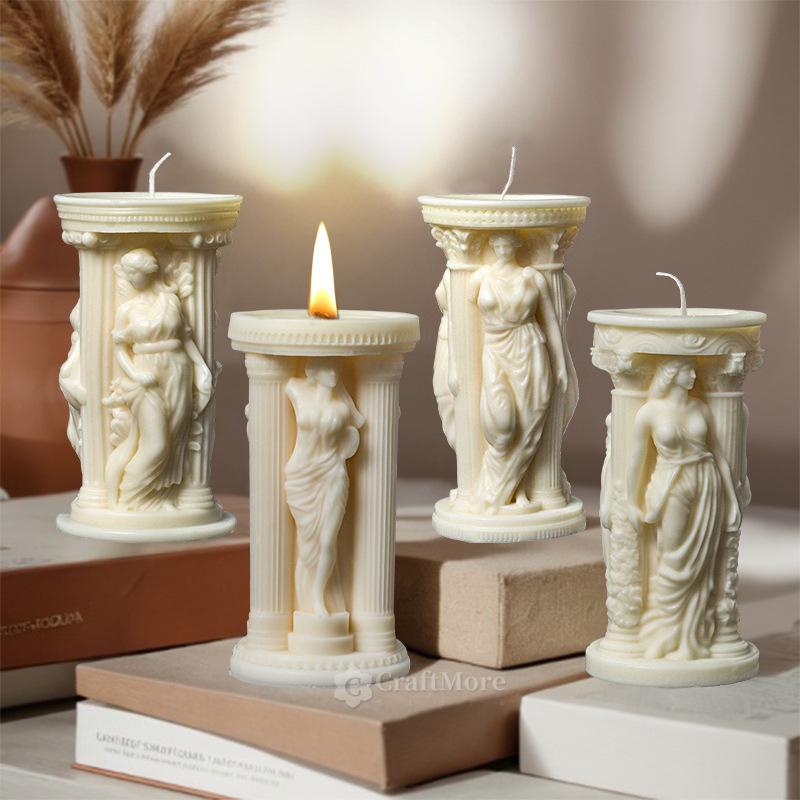Relief goddess candle silicone mold-European classical pillar candle mold-Roman column plaster/concrete/raysin/epoxy resin ornament mold